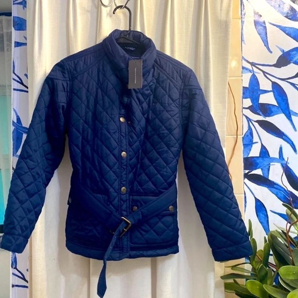 NWT Girls Tommy Hilfiger Blue Quilted with Belt All Weather Snap Up Jacket XL